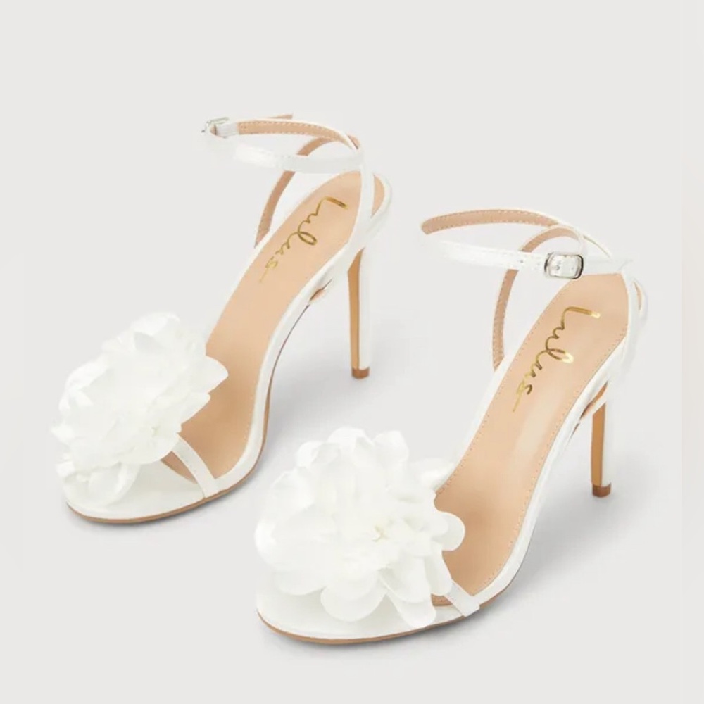 Lulus Rozee Ivory Satin Flower Heels